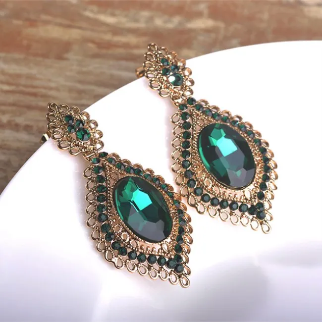 

Wholesale High Quality Green Rhinestone Earrings For Women Long Pendant Wedding Gypsy Crystal Stud Earrings, Blue;green