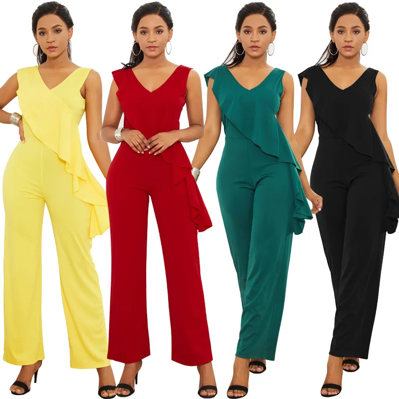 

Women sexy jumpsuit & rompers night club V neck causal tank sleeve full length jumpers Sleeveless V Neck Long Pant