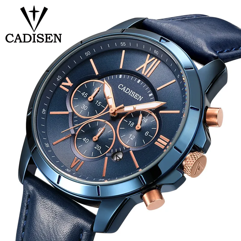 

Luxury Brand Watches Men Business Leather Chronograph Date Quartz Clock Waterproof Cadisen 9060 Men Wrist Watches Relojes Hombre