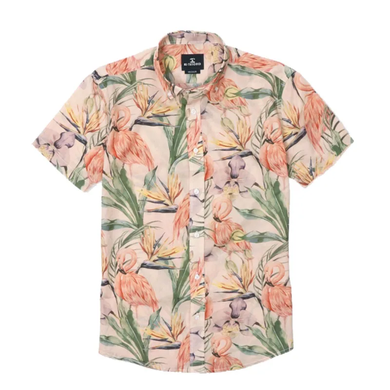 

MJ TAILORED OEM CHINA MANUFACTURE CUSTOM PRINT SHORT SLEEVE FLAMINGO ALOHA BEACH HAWAIIAN SHIRT