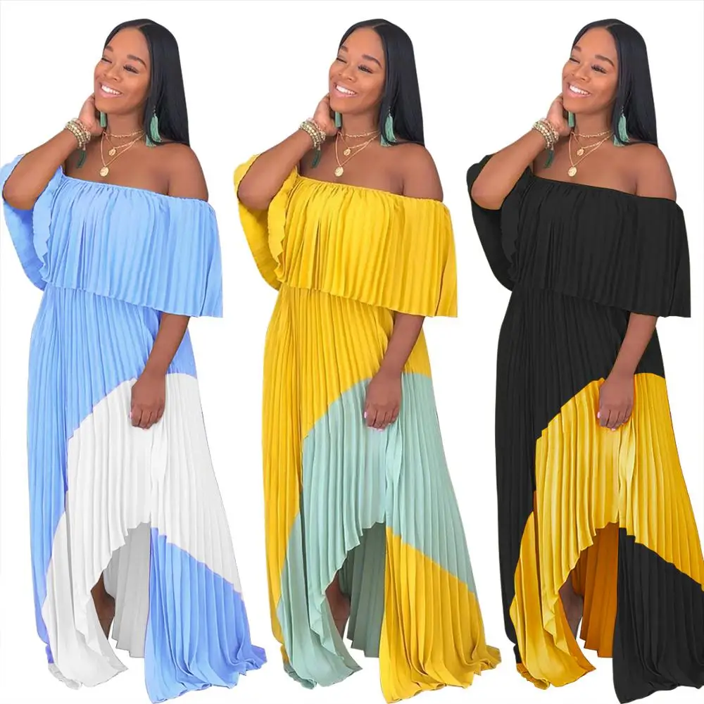 

Women's Yellow Off Shoulder Layered Pleated Boat Neck Short Sleeve Asymmetrical Dress