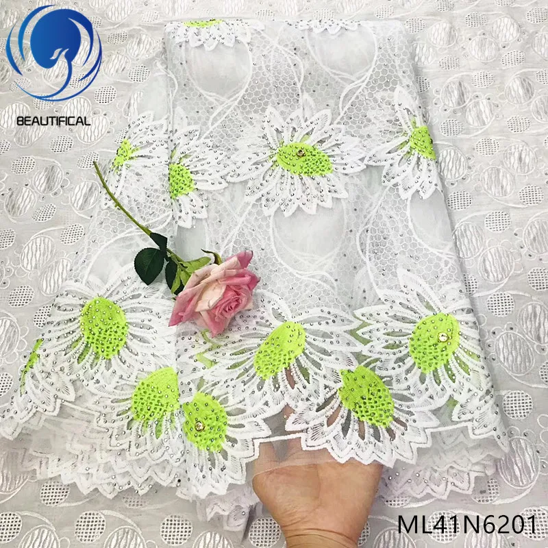 

Beautifical Hotsale milk net lace fabric tulle embroidery lace with stones white african lace fabric 5yards ML41N62, Can be customized