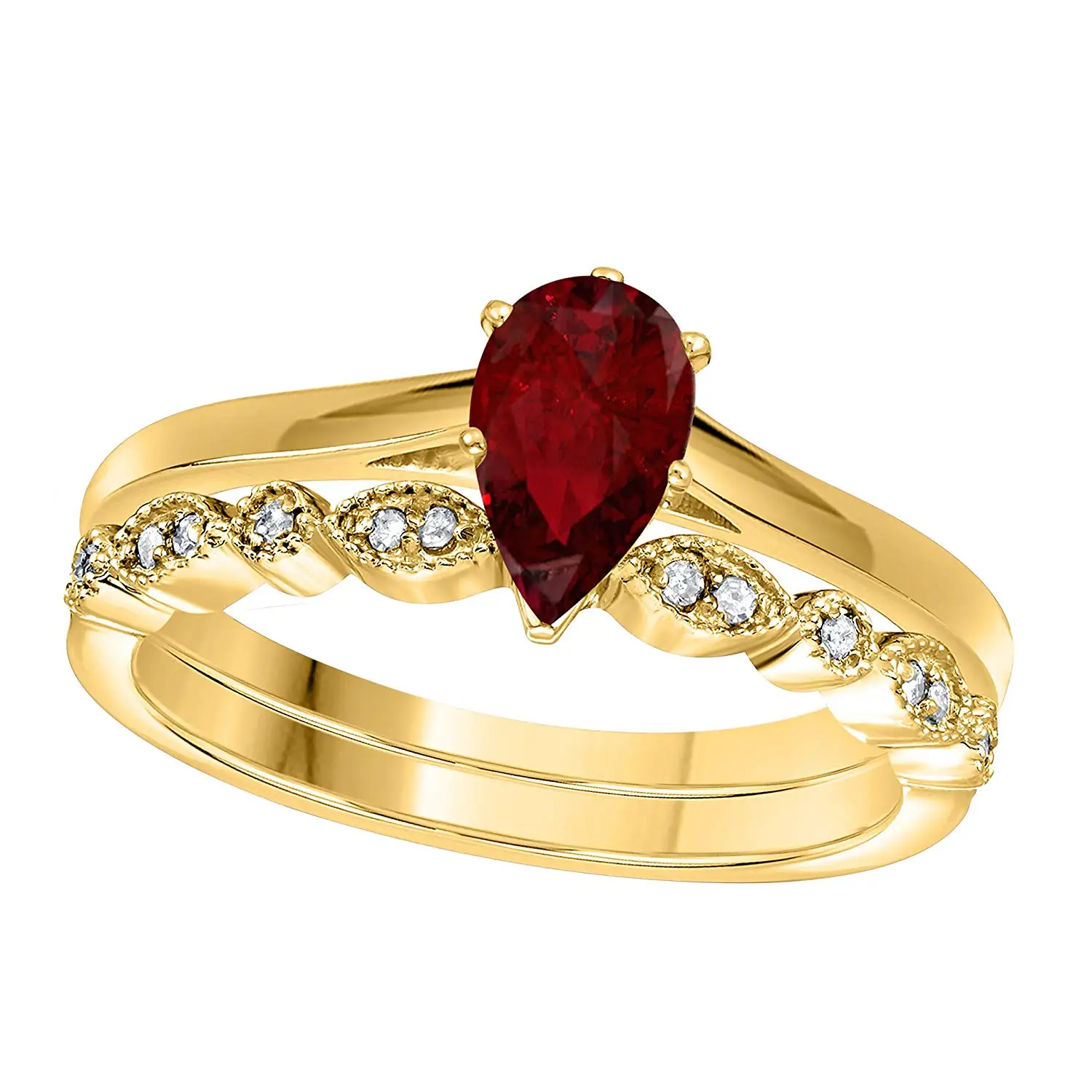 DreamJewels 1.00 Ct Pear Shape & Round Cut Red Ruby & White CZ Diamond 14k Yellow Gold Finish Alloy Art Deco Vintage Design Wedding Engagement Ring Sets Size 4.5-12