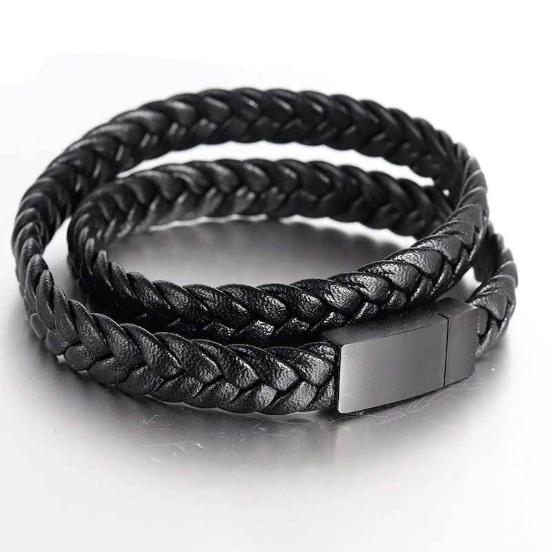 

Handmade Genuine Leather Weaved Double Layer Men's Bracelets with magnet clasp, As photo
