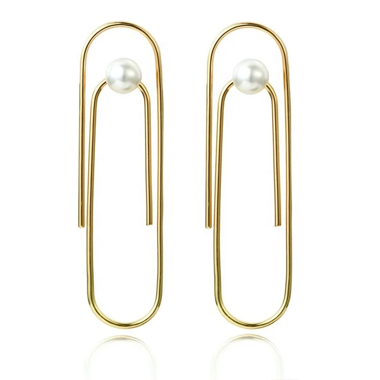 

R.GEM. 2021 New Simple Fashion Long Type Imitation Pearl Safety Pin Paperclip Earrings For Girls, Gold or silver