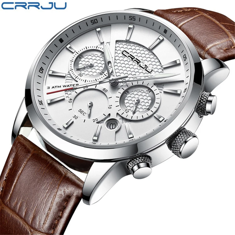 

CRRJU 2212 L New Fashion Men Watches Analog Quartz Wristwatches 30M Waterproof Chronograph Sport Date Leather Band Watches