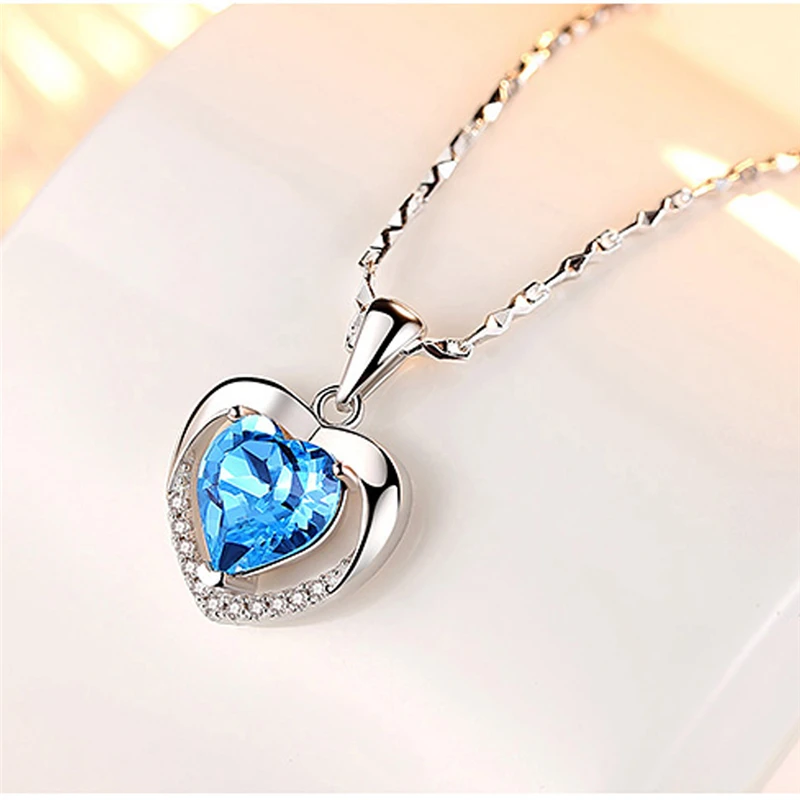 

Top Fashion Blue Ocean Rhinestone Lady Charm Chain Jewelry Dress Women Heart Crystal Pendant Necklace