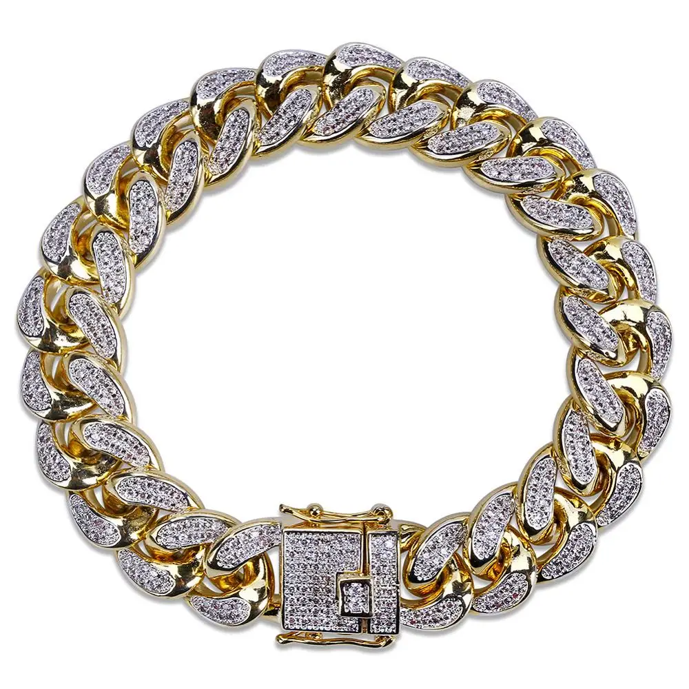 

2019 Hip Hop Iced Out Bling CZ Gold Bracelet Men fashion 18- 20cm long Miami Cuban Link bracelets male Hiphop jewelry gifts, Gold, silver