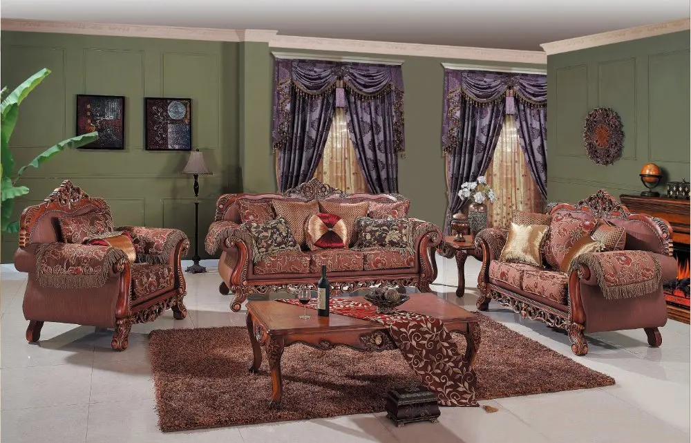 Antique Cherry Color Living Room Furniture,Arabian Style Fabric Sofa