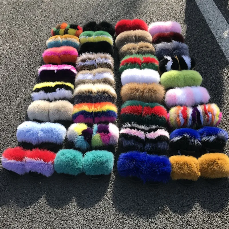 

luxury style women fur flat slides fox fur slipper, Any color as customized