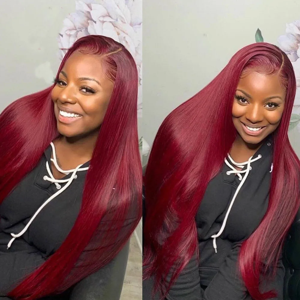 

Great Quality Straight 99j Front Lace Wig Burgundy Human Hair Full Lace Wig With Natural Hairline And Baby Hair, 99j lace wig