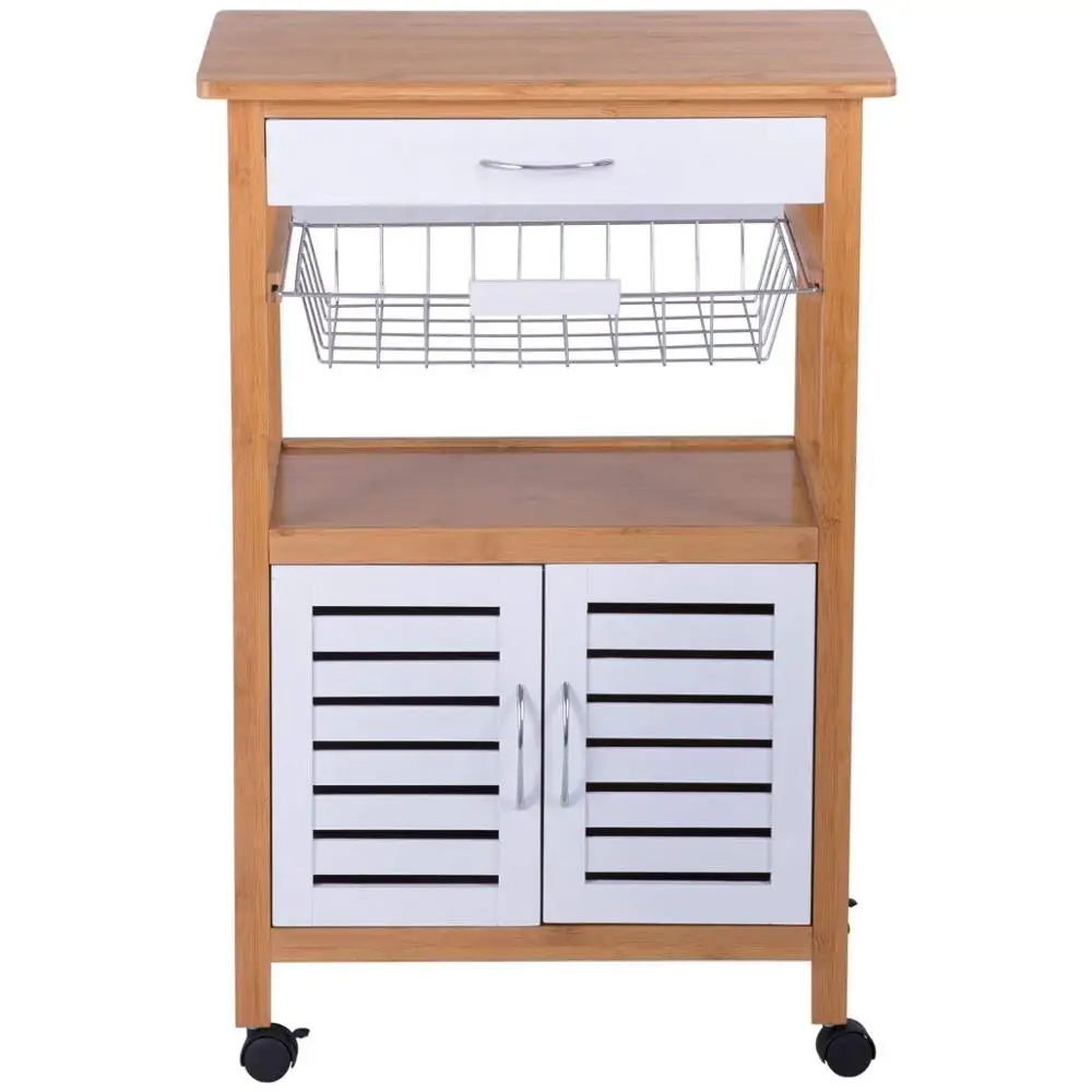 
Kitchen Cart Rolling Trolley Cart Island Bamboo Top With Storage Drawer Basket Cabinet Truck Kitchen 