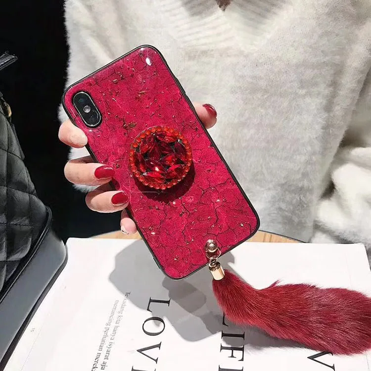 Golden Foil Marble Fox Fur Tail Mobile Phone Cover For Iphone Xs