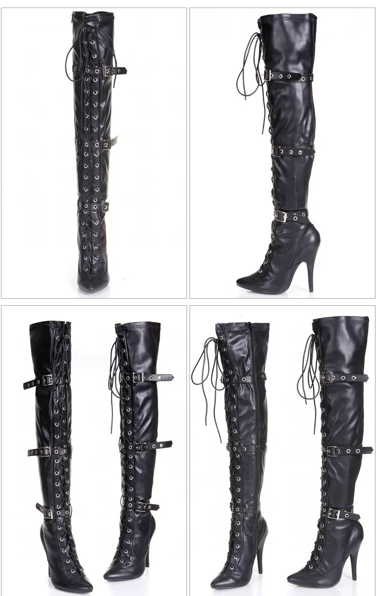 Custom PU 12cm high heel sexy boots lady overknee lace up boot with larger sizes