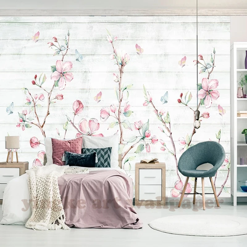 
Photo Wallpaper hand painted watercolour sakura wood grain Mural Living Room Bedroom Decor Wallpaper butterfly floral Wallpapers 