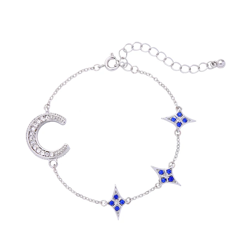 

s9757d Amazon Hot Selling Rhodium Color Sapphire Crystal Rhinestone Star Moon Chain Bracelet for Cute Girls