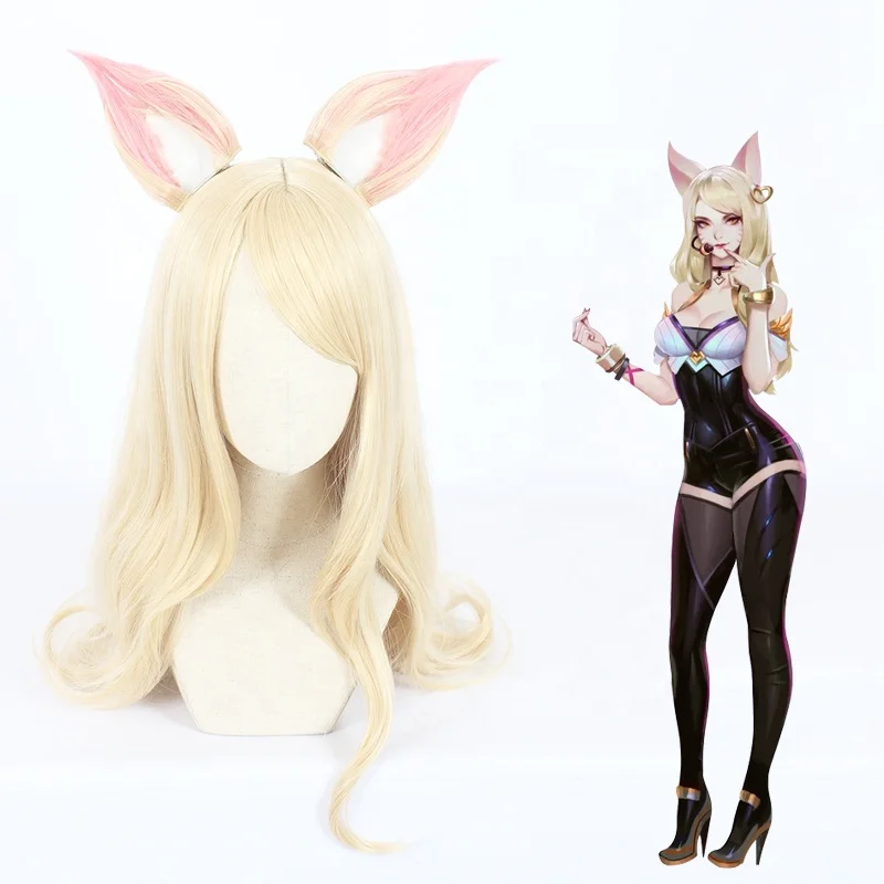 

Wholesale League of Legends LOL Anime Wigs 70cm Long Curly Light Blonde KDA Ahri Wig Synthetic Cosplay Wig