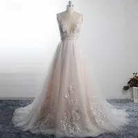 

RSW1493 High quality Vestido De Noiva Sleeveless Deep V-neck Blush Pink Boho Lace Beach Wedding Dress Bridal Dress