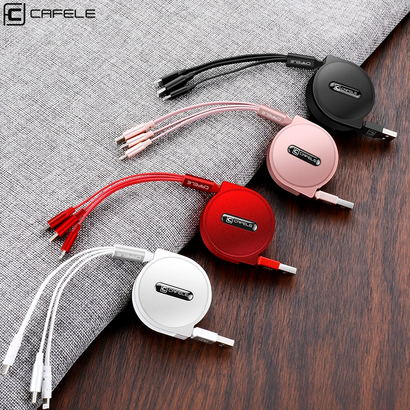 

CAFELE Hot Selling 1 to 3 120cm Portable Fast Charging 3 in 1 Retractable USB Data Cable for iPhone Samsung, Black,white,red,rose gold