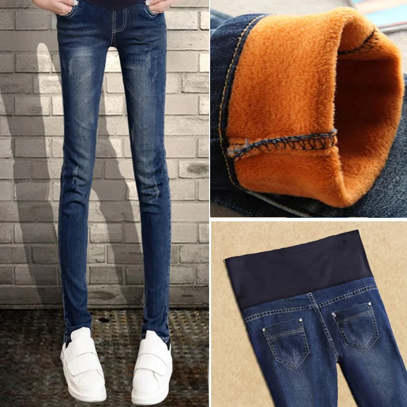 

Winter Thermal Velvet Maternity Jeans For Pregnant Women Pregnant Denim Pants Stock Wholesale Mommy Wear