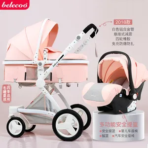 Image of PU Leather Baby Stroller Higher Land-scape BELECOO 3 in 1 Portable Folding Stroller 2 in 1 Luxury Carriage