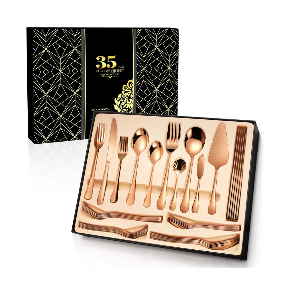 35 Piece Silverware Set,Black Titanium Flatware Set Stainless Steel Gift Box Mirror Polished