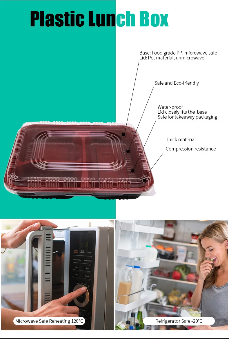 Disposable Plastic Bento Lunch Box with 3 Compartment