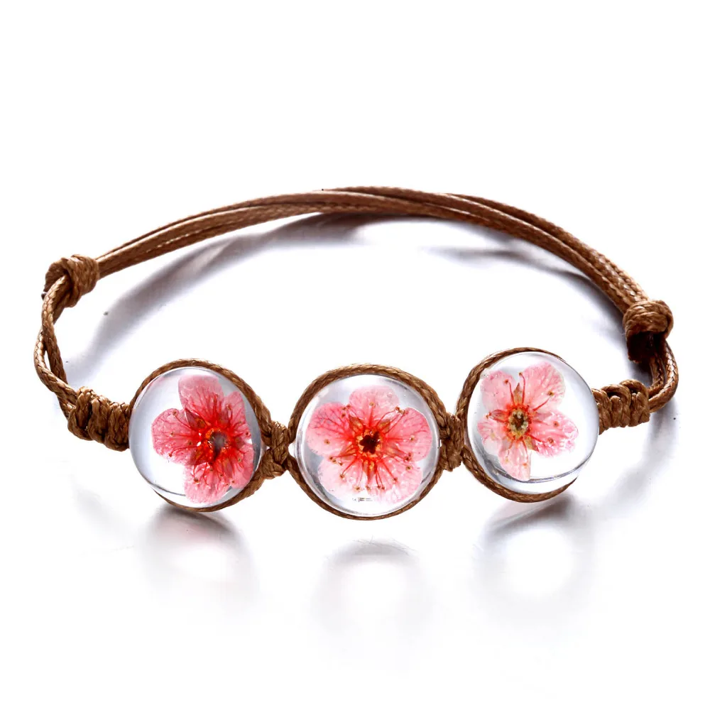 

New design crystal Cherry blossom life time gem hand-woven dried flower bracelet charm adjustable bracelet, As sample