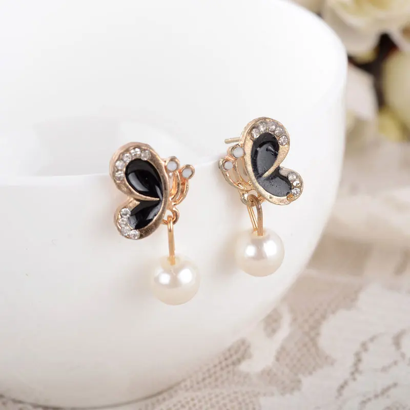 

High quality pearl butterfly drop earring cute diamond butterfly dangle earring, Black and white