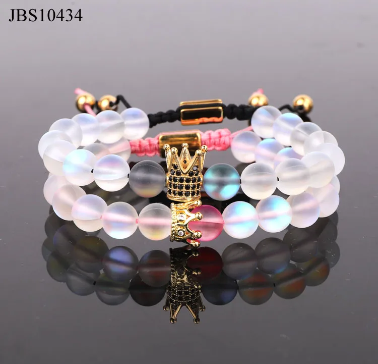 

New design matte frost crystal AB bead handmade CZ crown charm macrame bracelet set
