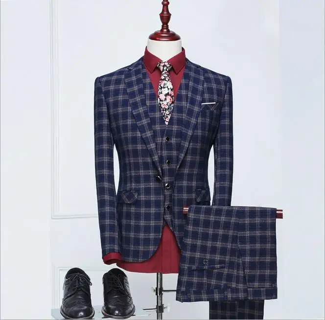 

WB018 Latest Style Mens 3 Piece Plaid Suits Wedding Groom Fashion Men Slim Fit Blue Business Brand Suit, As the picture