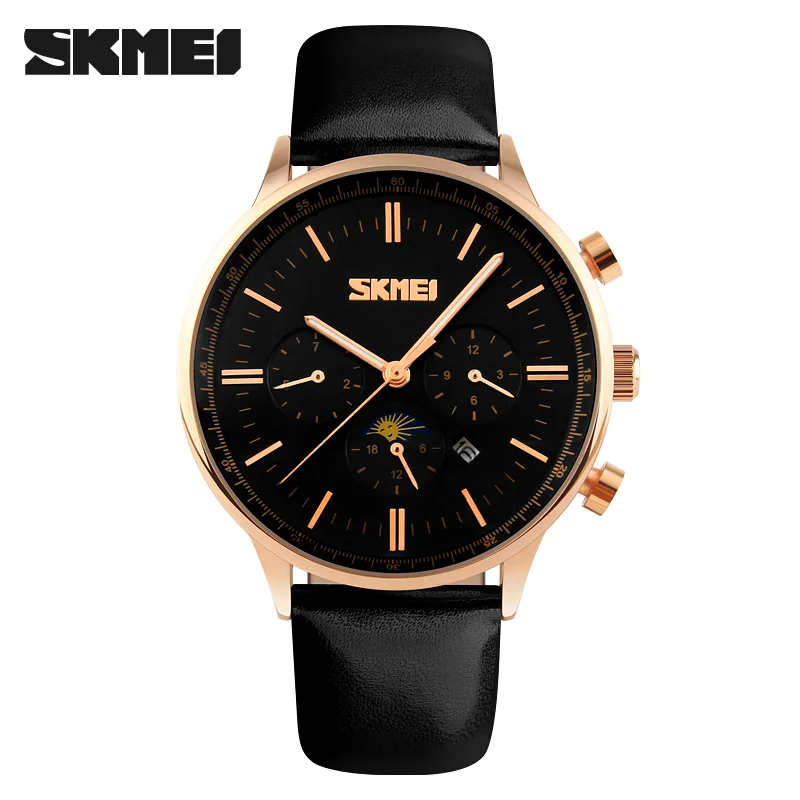 

hot sales six hand wristwatches men Skmei brand 9117 big dial leather band fashion wrist reloj quartz watches waterproof watches