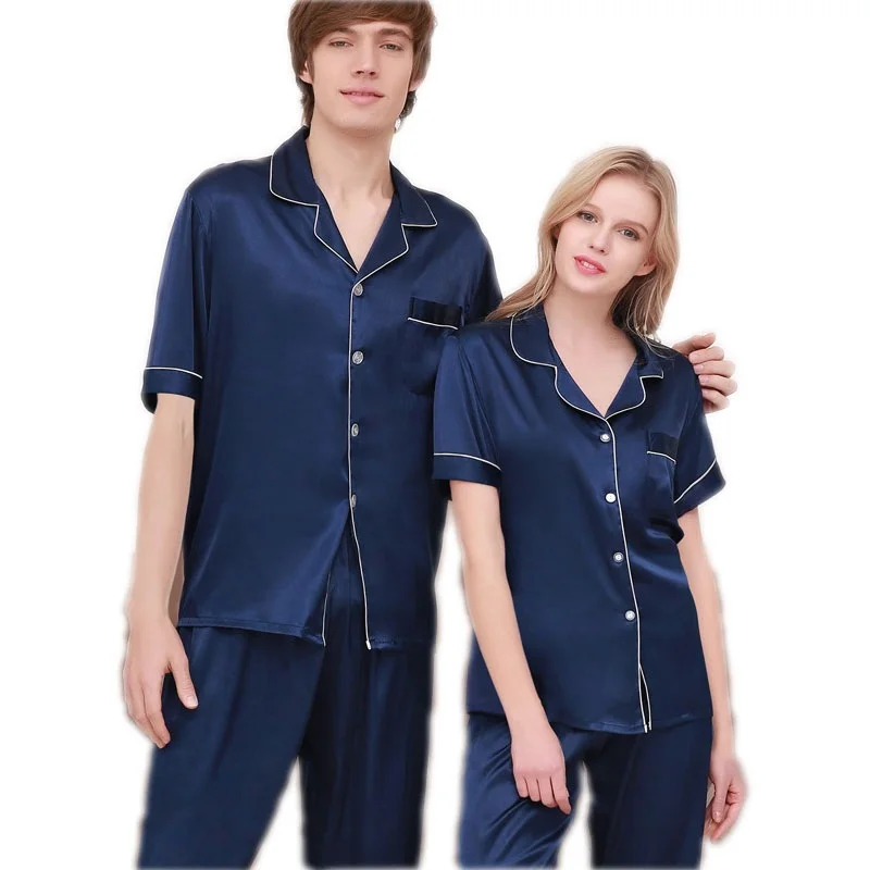 

Wholesale no MOQ Couple Pajamas Sets Short Sleeve Top + Long Pants Silk Suits, White;blue;pink;silver