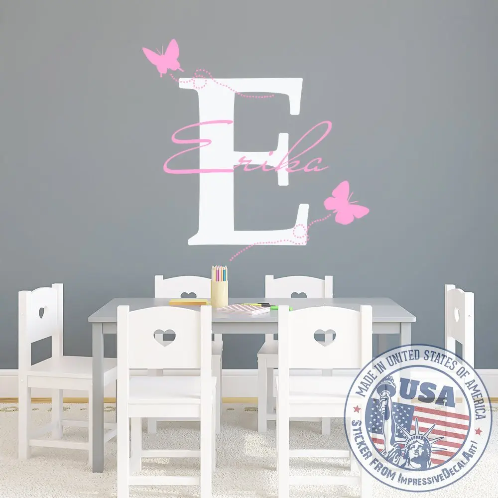 Wall Decals Vinyl Sticker Custom Name Decal Home Decor Art Murals Monogram Initial Personalized Custom Name Baby Butterfly Girl Nursery Bedroom MM20