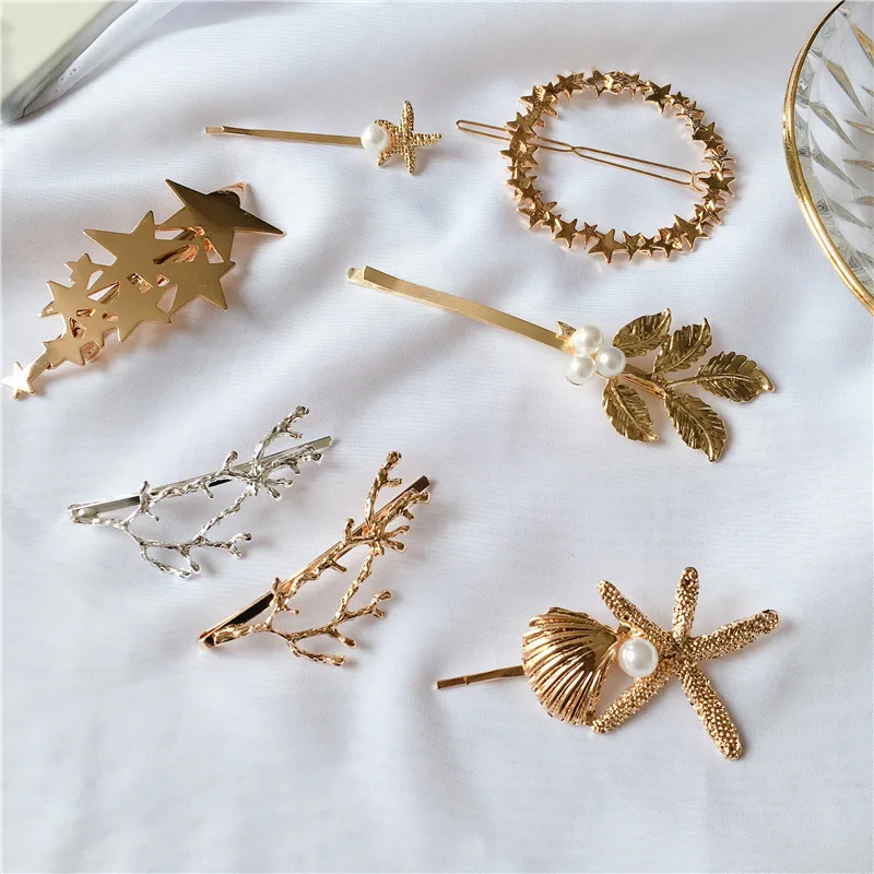 

MR007 Huilin Jewelry delicate starfish five star circle frog hair clip simple edge hairpin Square gold leaves bobby pin, Gold silver black / custom