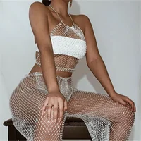 

SH1061 Shiny Diamonds Sexy Hollow Out Halter Crop Top Sparkly Loose Pants Two Piece Set Women Club Party Summer Beach Outfits