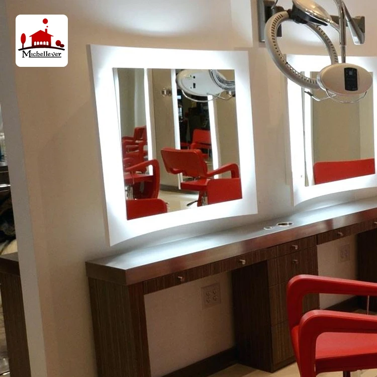
rectangle 4 sided led salon mirror station led beauty hair salon wall mounted mirrors for sale 