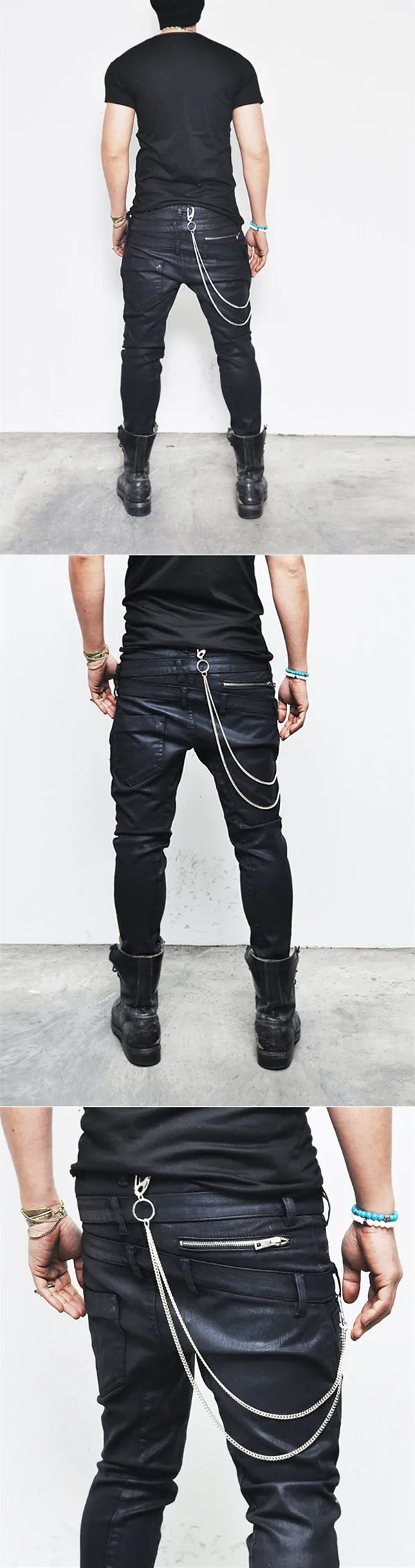 Double Belt Crotch Wax Coated Mens Black Skinny Denim Biker Jeans - Buy ...
