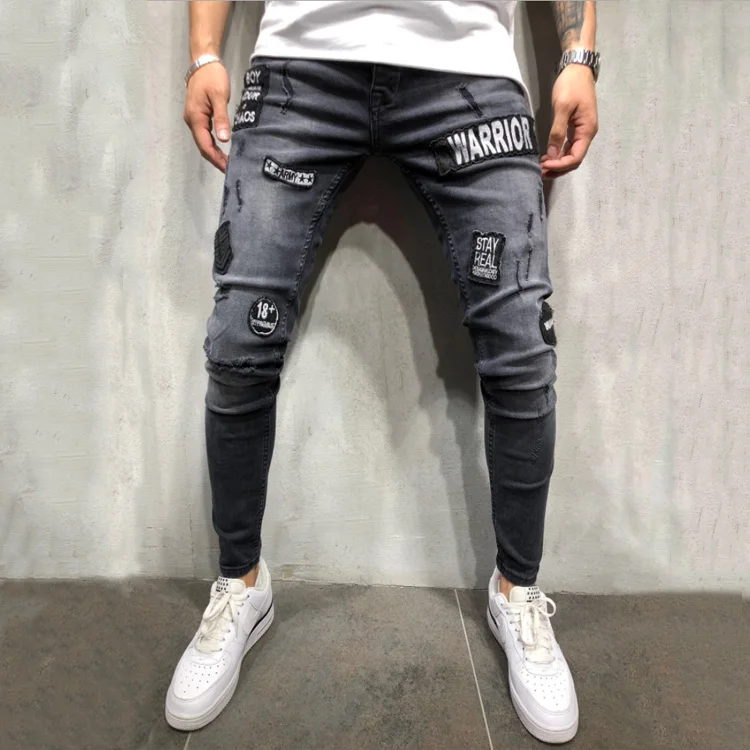 

New men's biker jeans tight black hole badges stickers feet denim men's pants high stretch Slim motorcycle pants, Picture color