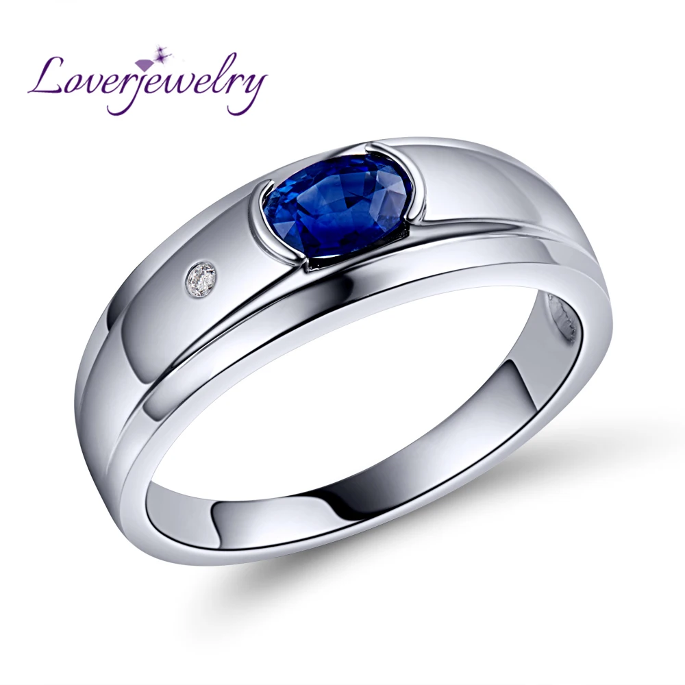 

Natural Blue Sapphire Mens Ring Shinning Diamond With Real 18K Gold White/AU750 White Gold WU292, N/a