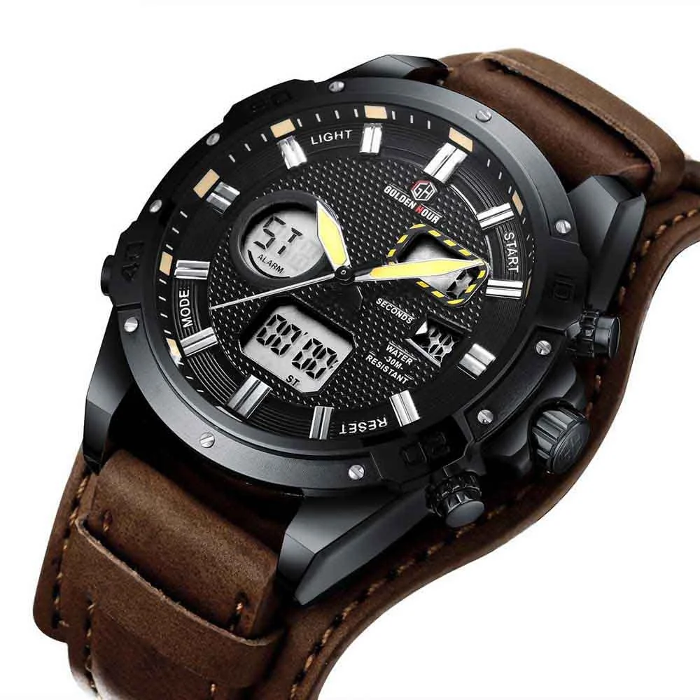 

GOLDENHOUR Dropshipping Brand Sport Watches Men's Waterproof Analog Quartz Man Leather luxury Army Military Top 2019 Wrist Watch