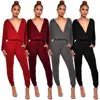 FM-Q157 Fall Sexy Pure Color Deep V neck Long Sleeve soft Ladies Pants Jumpsuit for woman