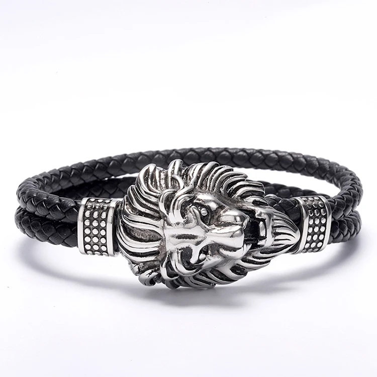 

Stars Forever Men Style Lion Head Connector Genuine Leather Customize Name Bracelet