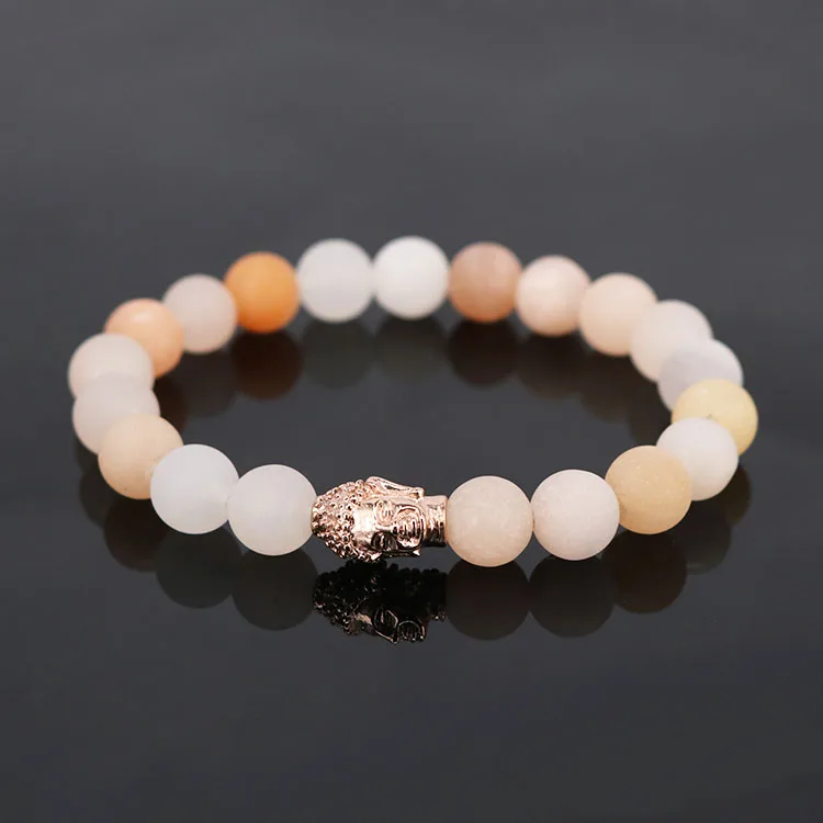 

BN1078 High Quality Matte Pink Aventurine Beaded Rose Gold Plated Stainless Steel Buddha Bracelet