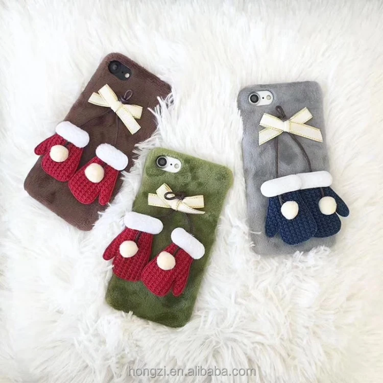 

Christmas Plush Gloves Phone Case For iPhone 8 7 6 6s Plus 3D DIY Cute Cartoon Hard PC Back Cover For iPhone X Cases Coque