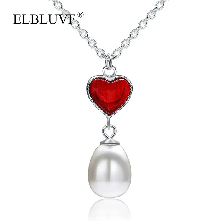 

ELBLUVF 925 Sterling Silver love heart pendant red heart pearl bright silver necklace Jewelry For Girls/Women/Ladies