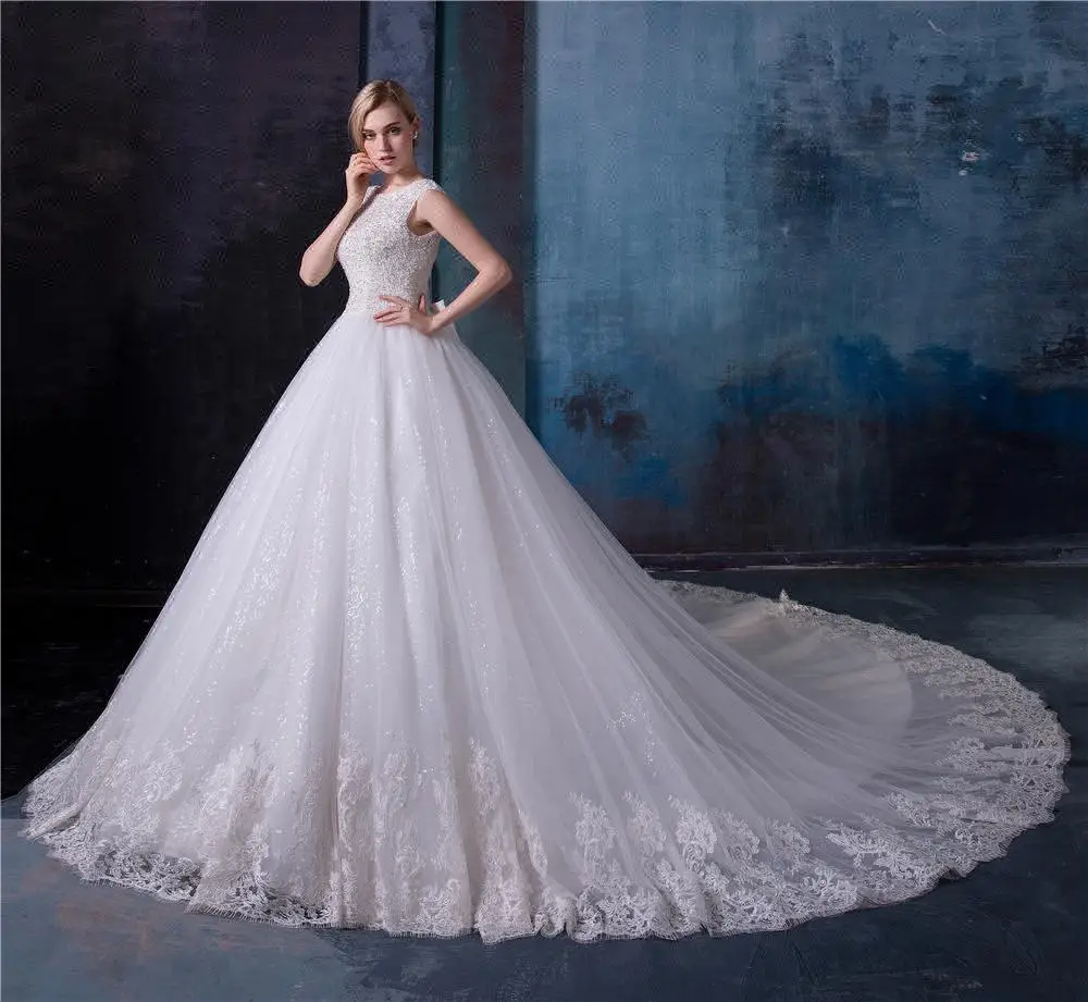 

Elegant lace applique crystal beaded women wedding dress bridal gown, Ivory, off white