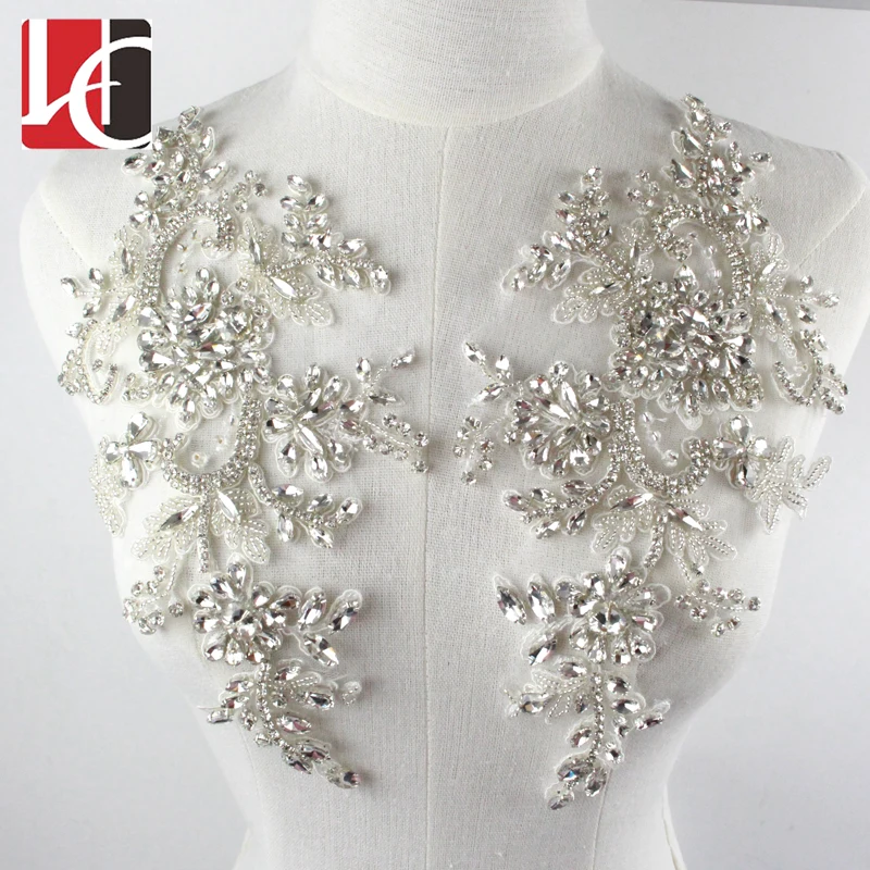 

HC-3679 Hechun wholesale handmade lace botton beaded rhinestone applique, Silver