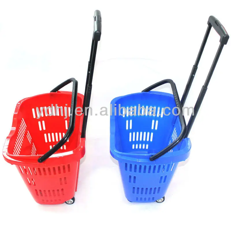 Supermarket Colorful Plastic Rolling Trolley Shopping Baskets With