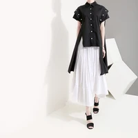 

New 2019 Korean Style Women Summer Solid Black Blouse Shirt Long Side Buttons Decorated Female Casual Blouses chemise femme